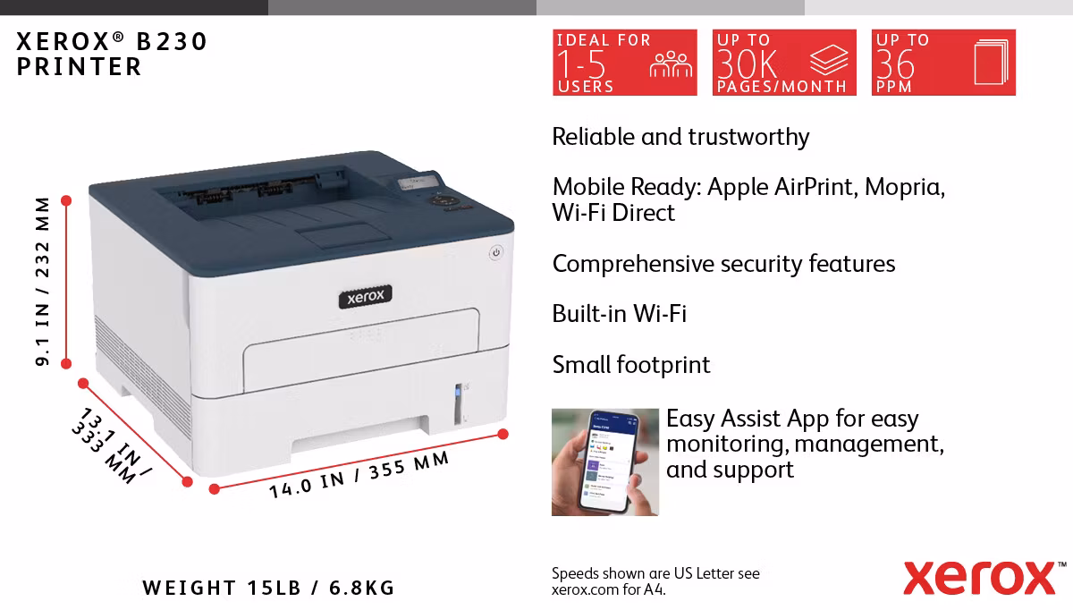 Xerox B230 A4 34 sid/min trådlös duplexskrivare PCL5e/6 2 fack totalt 251 ark