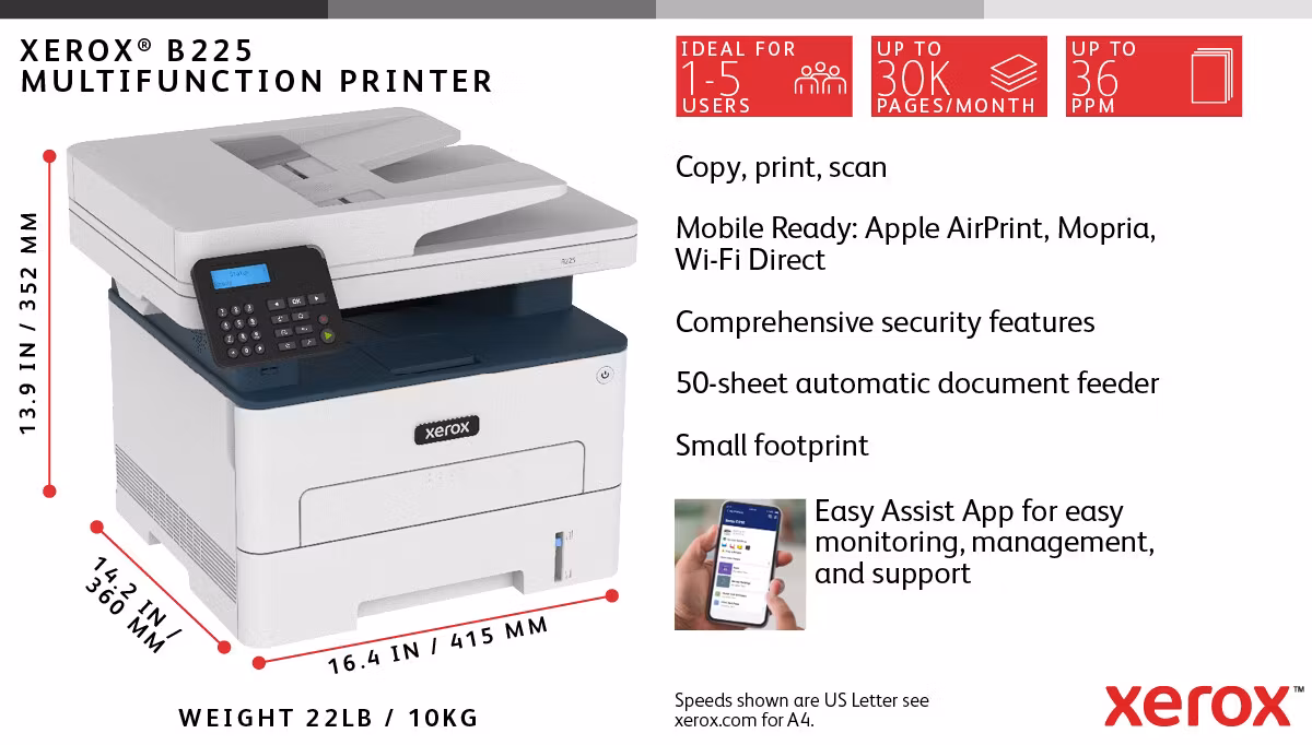 Xerox B225 A4 34 sid/min trådlös duplex skrivare/kopiator/skanner PS3 PCL5e/6 ADF 2 fack totalt 251 ark