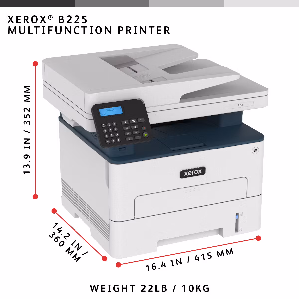 Xerox B225 A4 34 sid/min trådlös duplex skrivare/kopiator/skanner PS3 PCL5e/6 ADF 2 fack totalt 251 ark