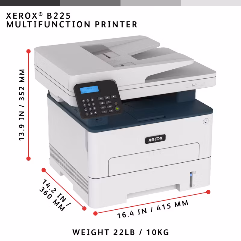 Xerox B225 A4 34 sid/min trådlös duplex skrivare/kopiator/skanner PS3 PCL5e/6 ADF 2 fack totalt 251 ark