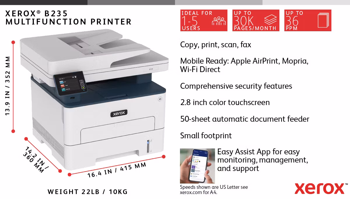 Xerox B235 A4 34 sid/min trådlös duplex skrivare/kopiator/skanner/fax PS3 PCL5e/6 ADF 2 fack totalt 251 ark