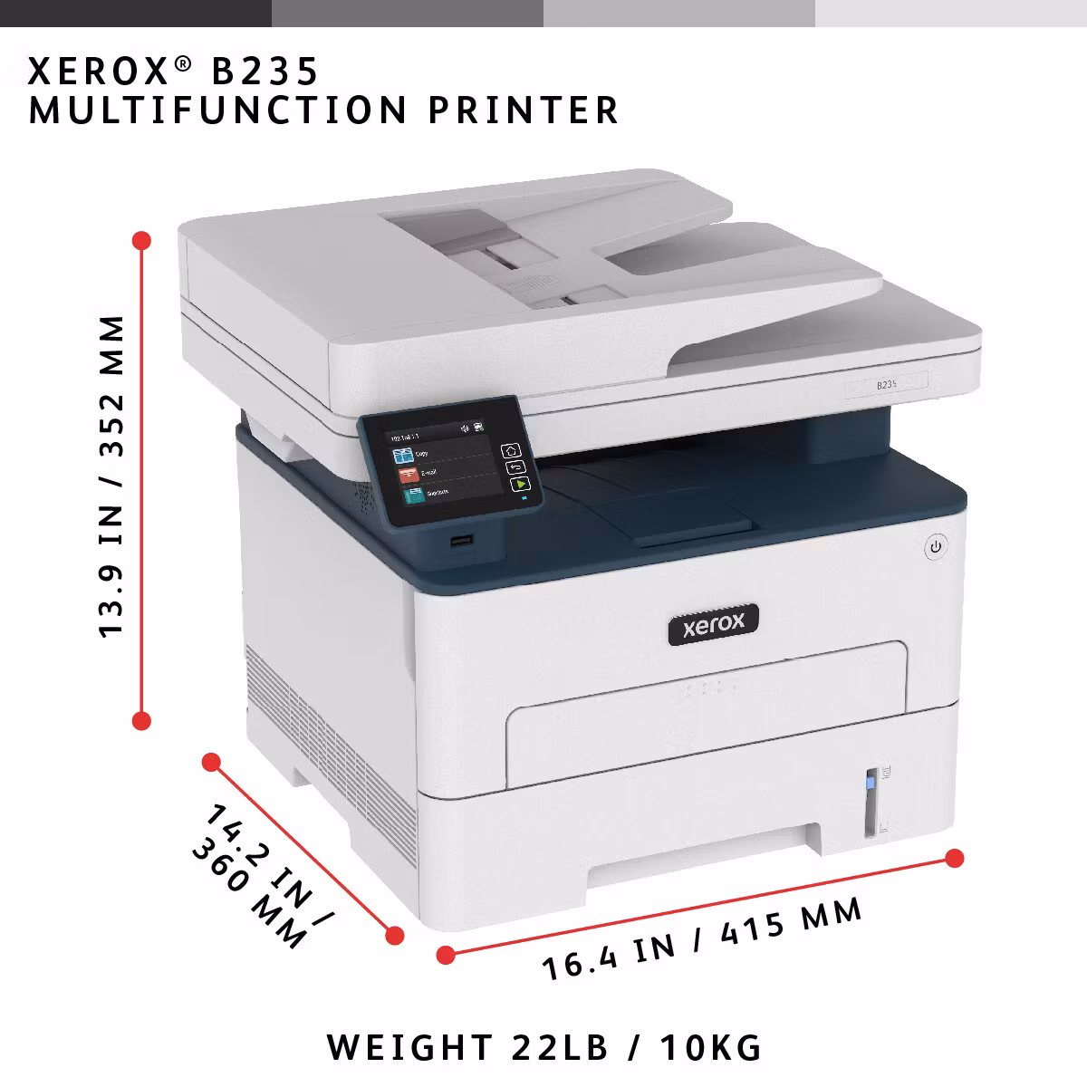 Xerox B235 A4 34 sid/min trådlös duplex skrivare/kopiator/skanner/fax PS3 PCL5e/6 ADF 2 fack totalt 251 ark