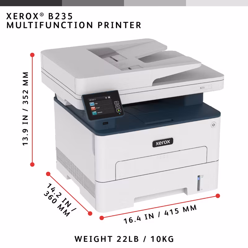 Xerox B235 A4 34 sid/min trådlös duplex skrivare/kopiator/skanner/fax PS3 PCL5e/6 ADF 2 fack totalt 251 ark