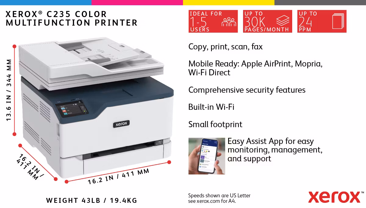 Xerox C235 A4 22 sid/min trådlös kopiator/skrivare/skanner/fax PS3 PCL5e/6 ADF 2 fack totalt 251 ark