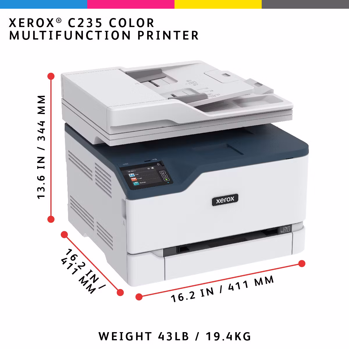 Xerox C235 A4 22 sid/min trådlös kopiator/skrivare/skanner/fax PS3 PCL5e/6 ADF 2 fack totalt 251 ark