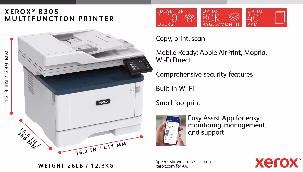 Xerox B305 A4 38 sid/min trådlös multifunktionsskrivare med duplex, kopiering/utskrift/skanning PS3 PCL5e/6, 2 fack, 350 ark