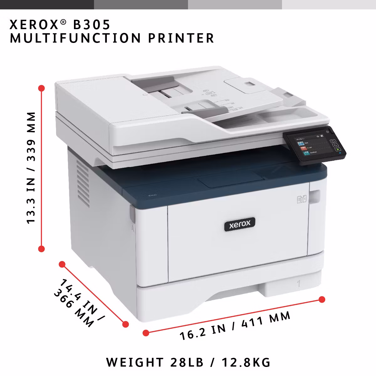 Xerox B305 A4 38 sid/min trådlös multifunktionsskrivare med duplex, kopiering/utskrift/skanning PS3 PCL5e/6, 2 fack, 350 ark