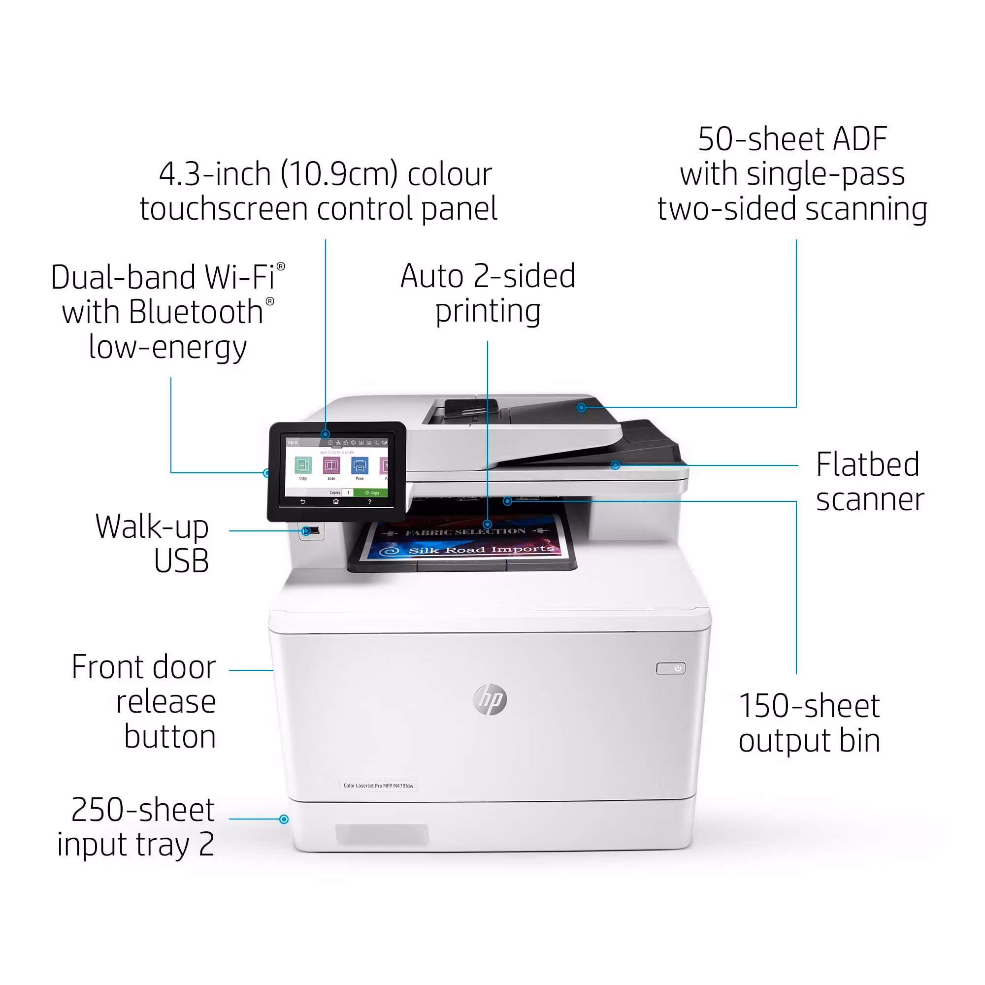 HP Color LaserJet Pro MFP M479fnw, skriv ut, kopiera, skanna, faxa, e‑post, skanna till e‑post/PDF; 50-arks ADF utan krökning