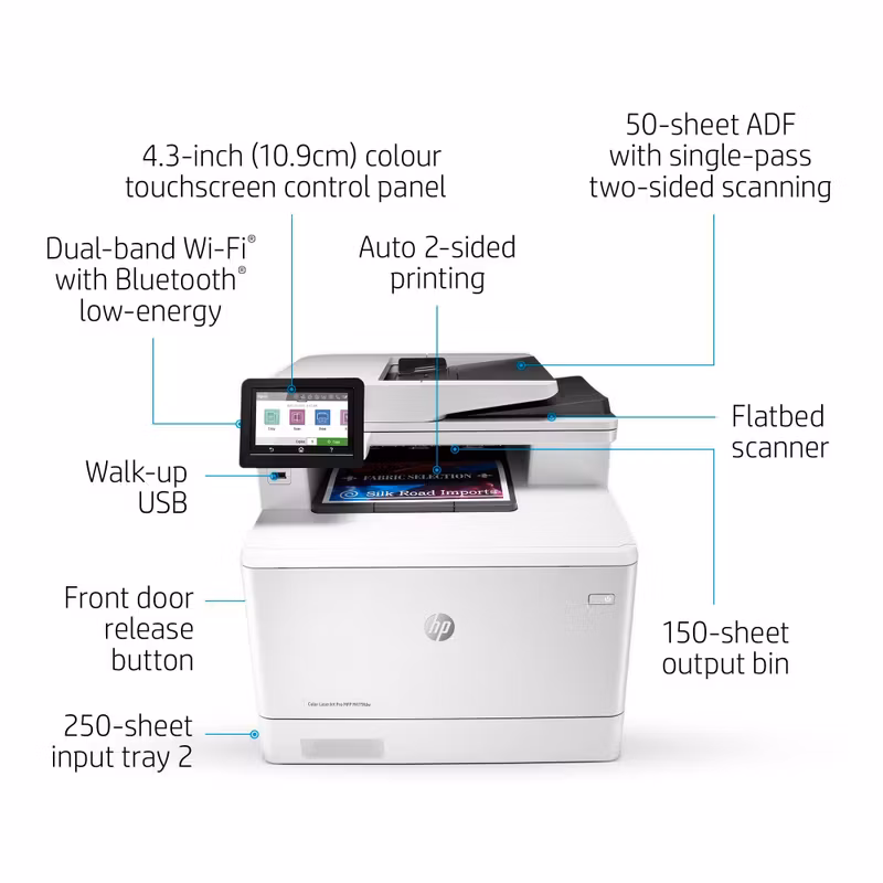 HP Color LaserJet Pro MFP M479fdw, skriv ut, kopiera, skanna, faxa, e‑post, Skanna till e‑post/PDF; dubbelsidig utskrift; 50‑arks ADF utan krökning