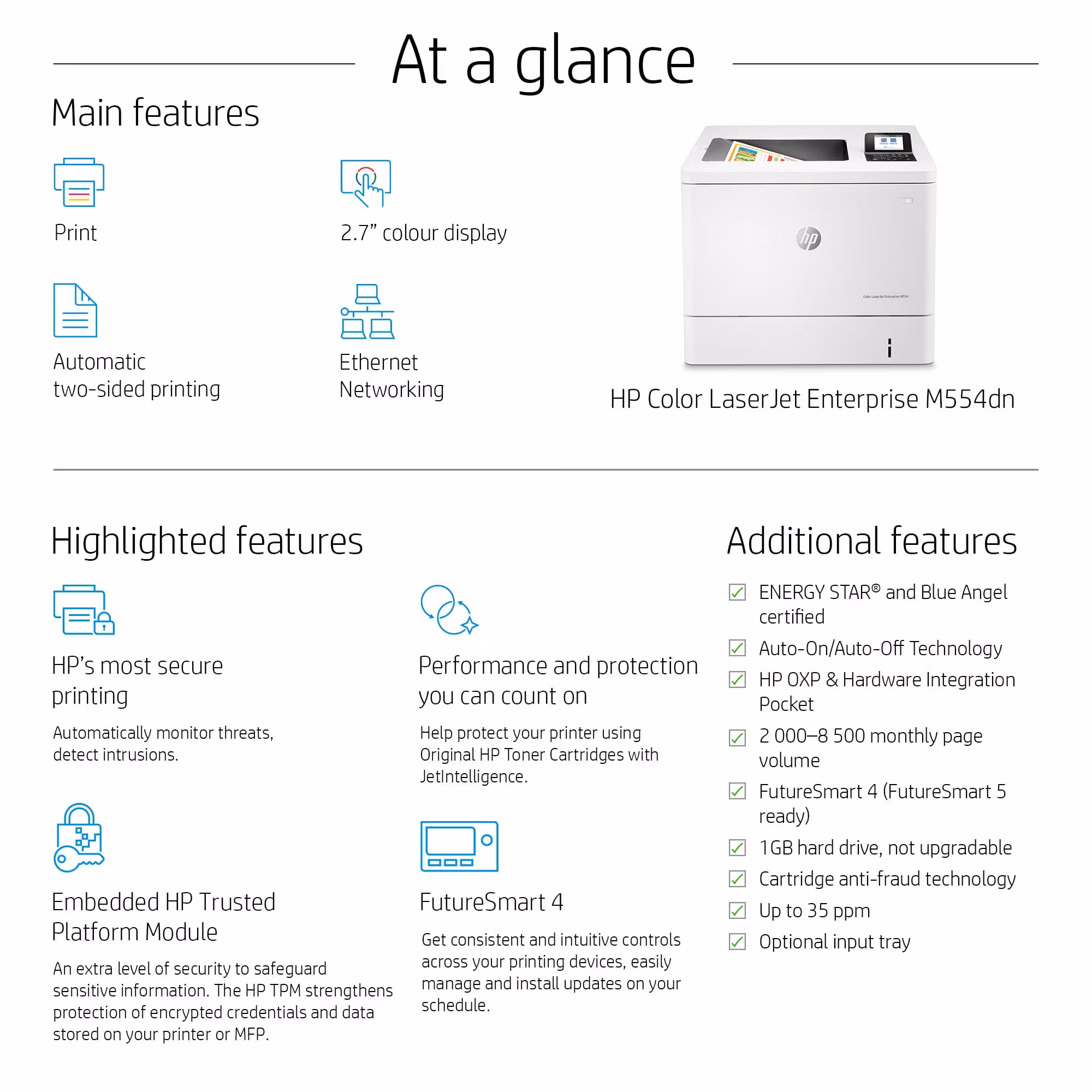 HP Color LaserJet Enterprise M554dn-skrivare, utskrift, USB-utskrift framifrån, dubbelsidig utskrift