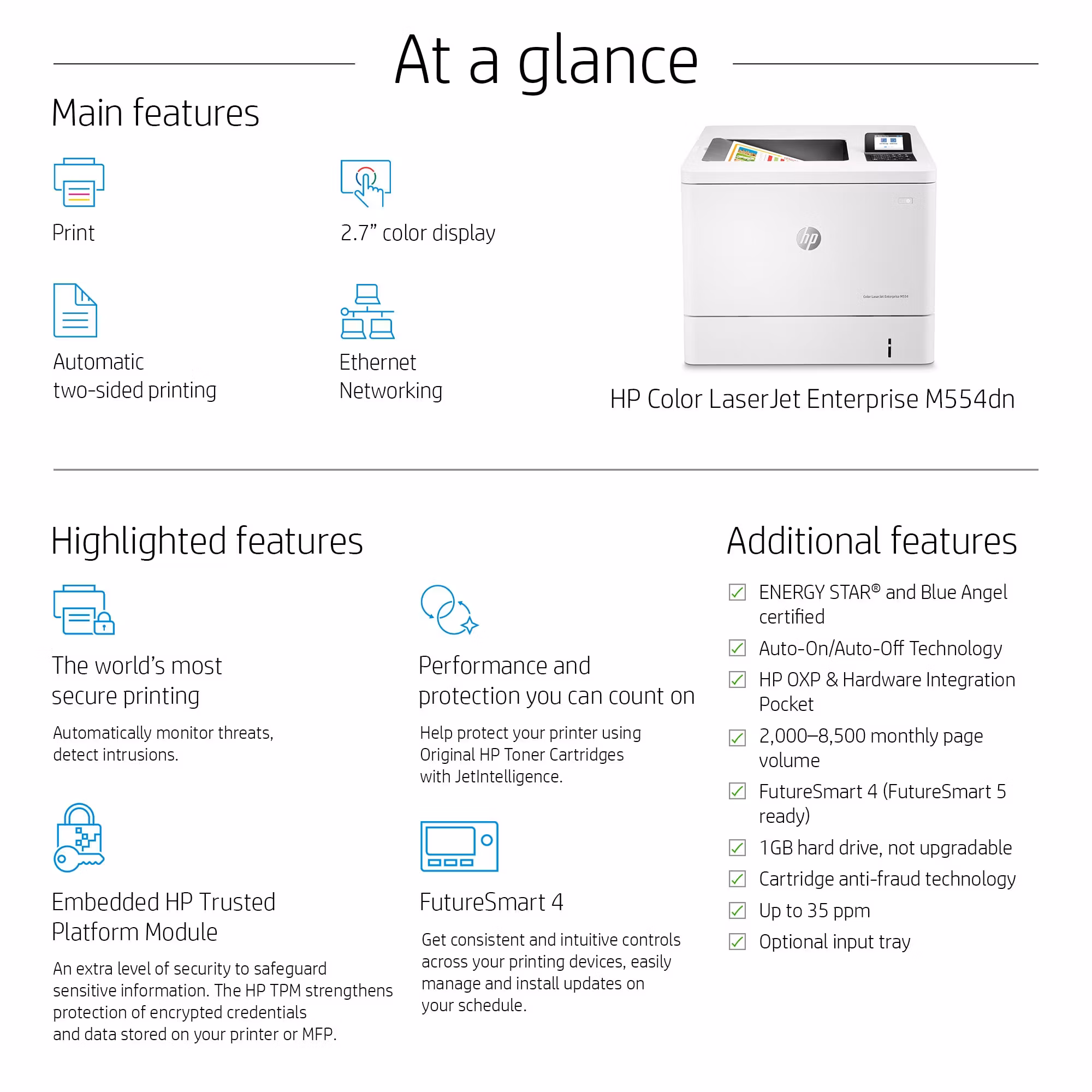 HP Color LaserJet Enterprise M554dn-skrivare, utskrift, USB-utskrift framifrån, dubbelsidig utskrift