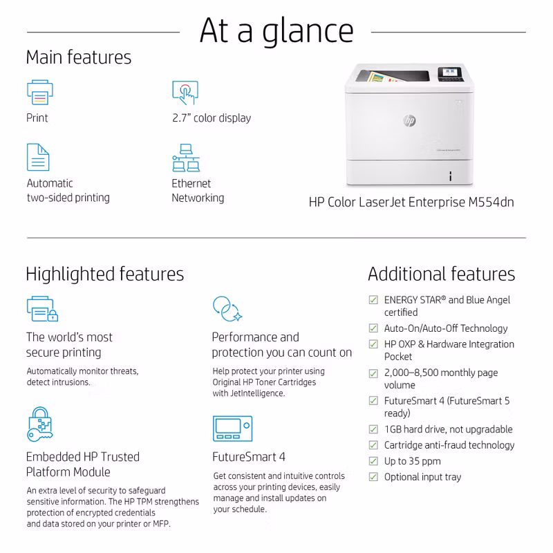 HP Color LaserJet Enterprise M554dn-skrivare, utskrift, USB-utskrift framifrån, dubbelsidig utskrift