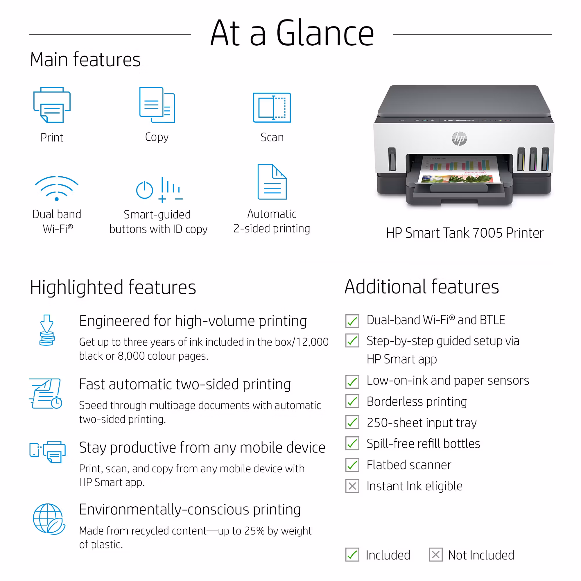HP Smart Tank 7005 trådlös multifunktionsskrivare i färg, dubbelsidig utskrift; kopiator, skanner