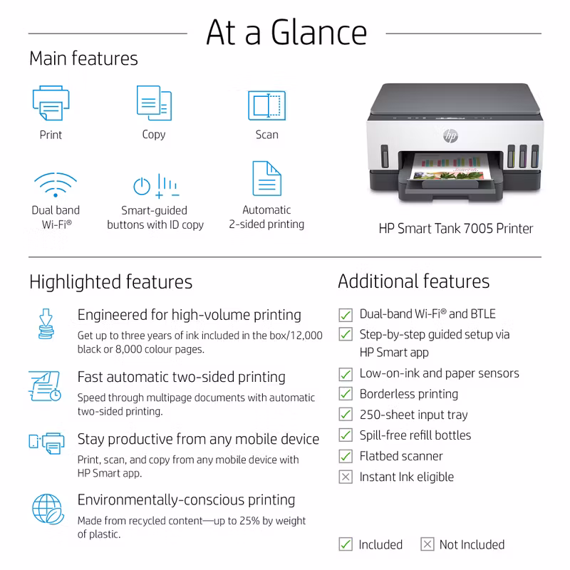 HP Smart Tank 7005 trådlös multifunktionsskrivare i färg, dubbelsidig utskrift; kopiator, skanner