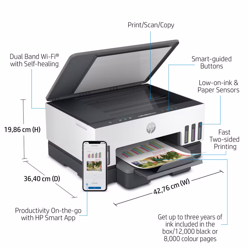 HP Smart Tank 7005 trådlös multifunktionsskrivare i färg, dubbelsidig utskrift; kopiator, skanner