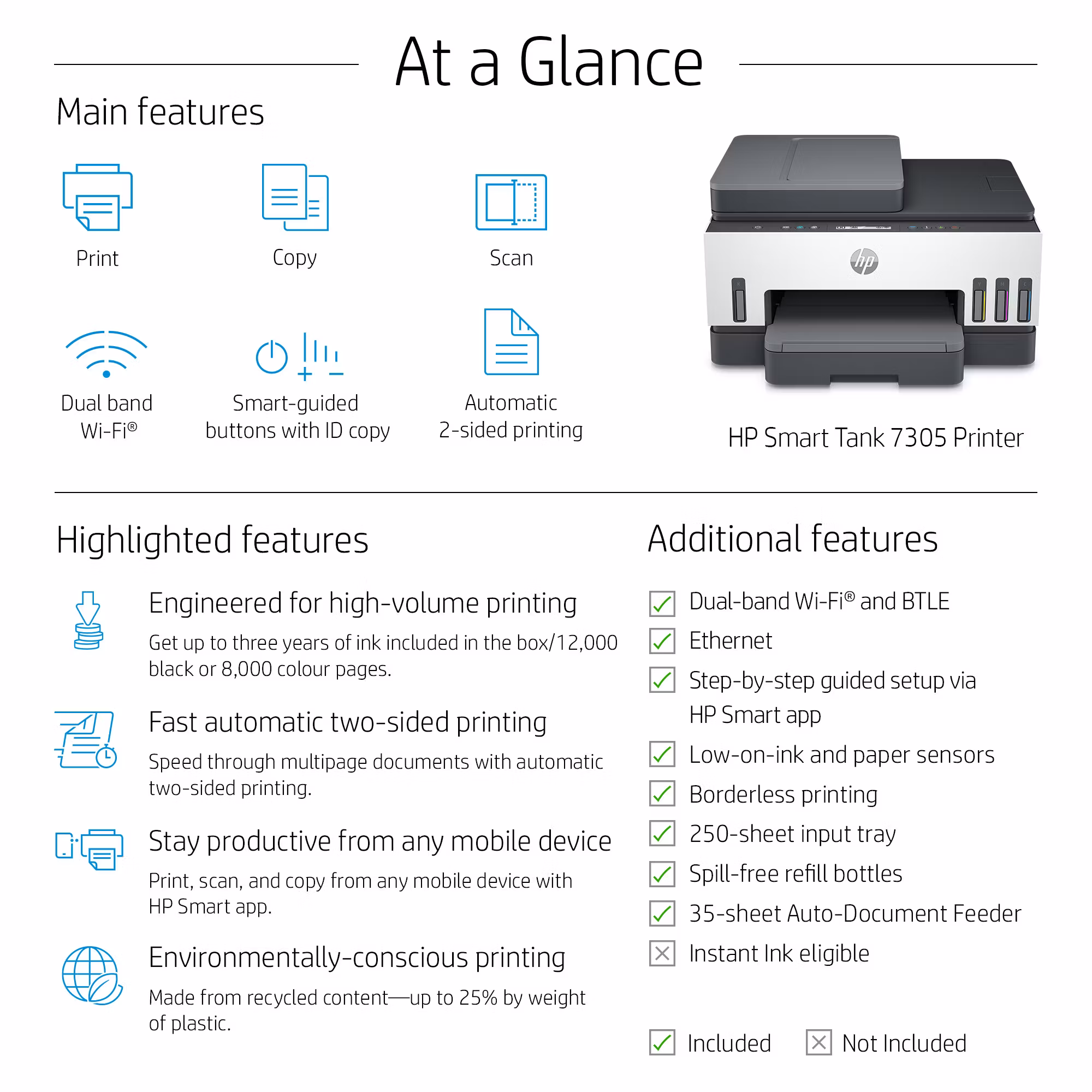 HP Smart Tank 7305 trådlös multifunktionsskrivare i färg, dubbelsidig utskrift; kopiator, skanner