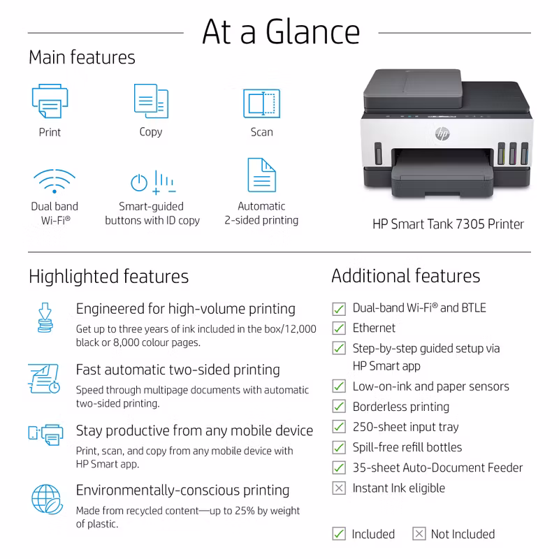 HP Smart Tank 7305 trådlös multifunktionsskrivare i färg, dubbelsidig utskrift; kopiator, skanner