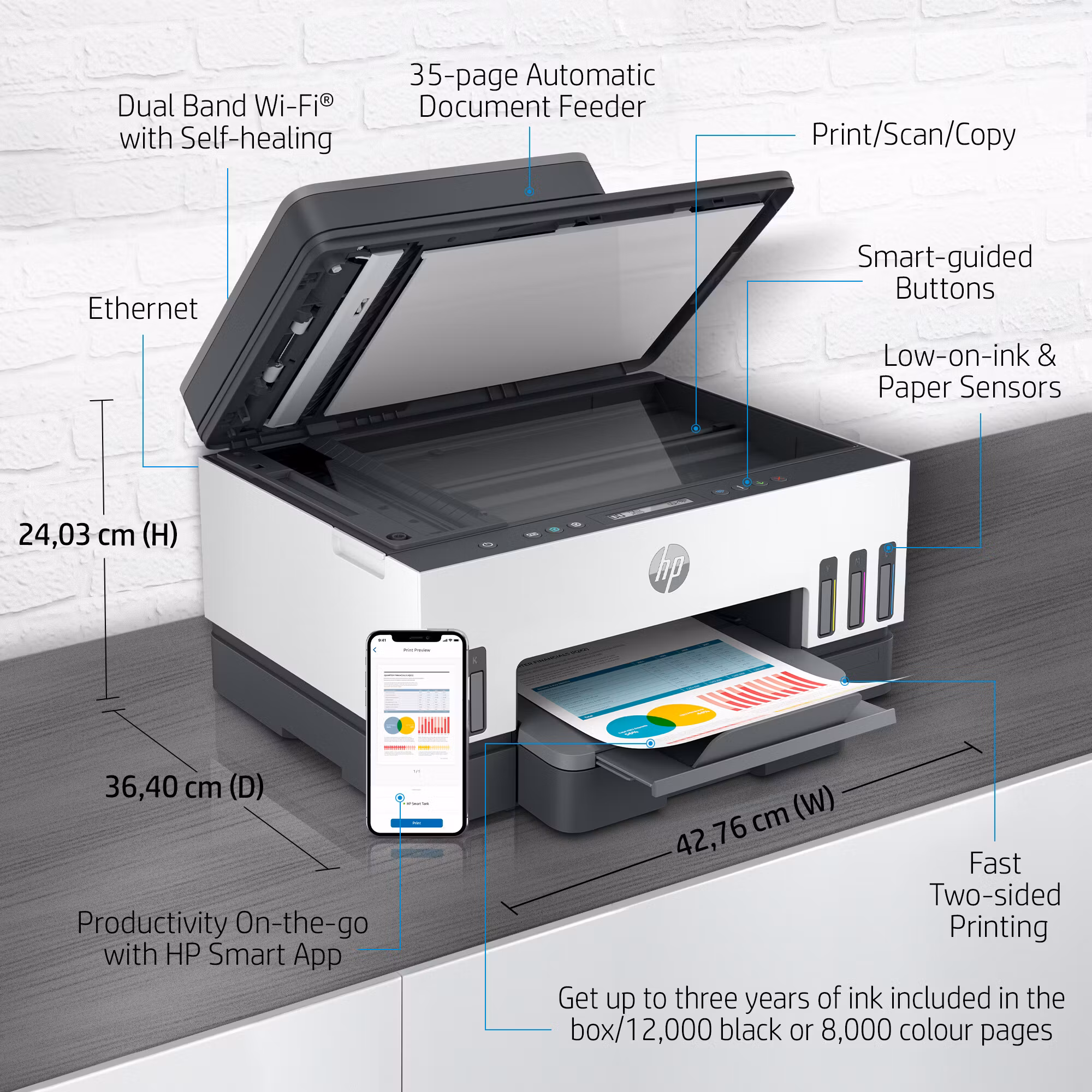 HP Smart Tank 7305 trådlös multifunktionsskrivare i färg, dubbelsidig utskrift; kopiator, skanner
