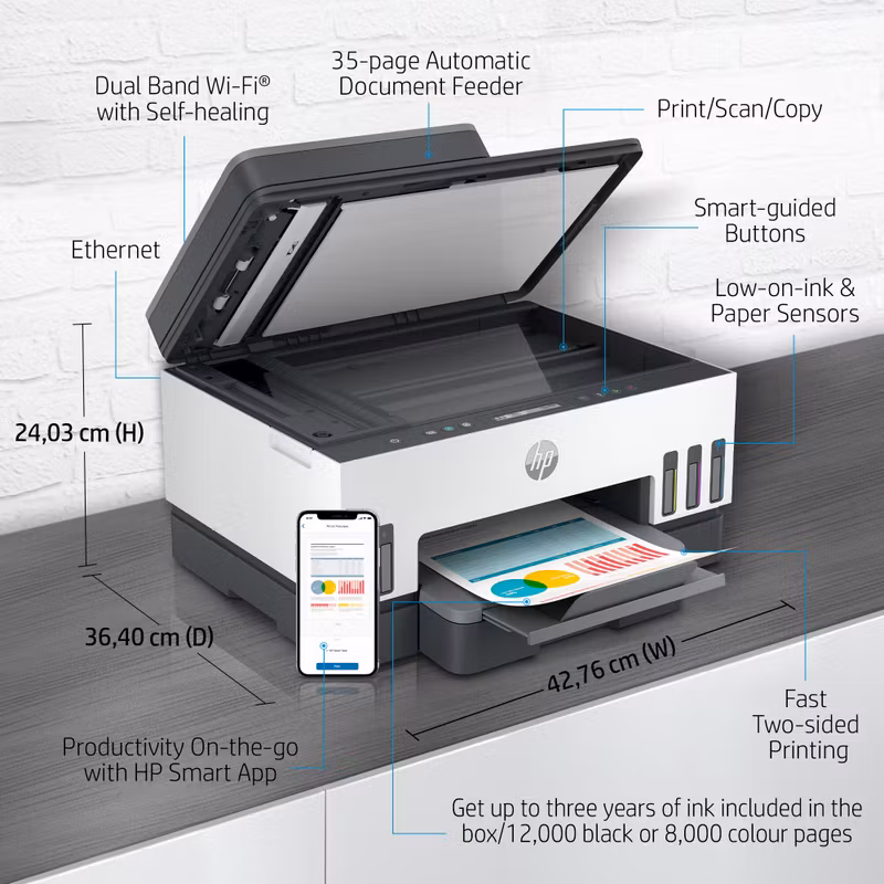HP Smart Tank 7305 trådlös multifunktionsskrivare i färg, dubbelsidig utskrift; kopiator, skanner