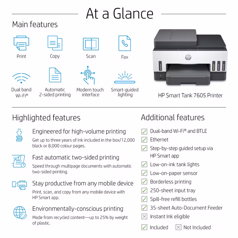 HP Smart Tank 7605 trådlös multifunktionsskrivare i färg, dubbelsidig utskrift; kopiator, skanner
