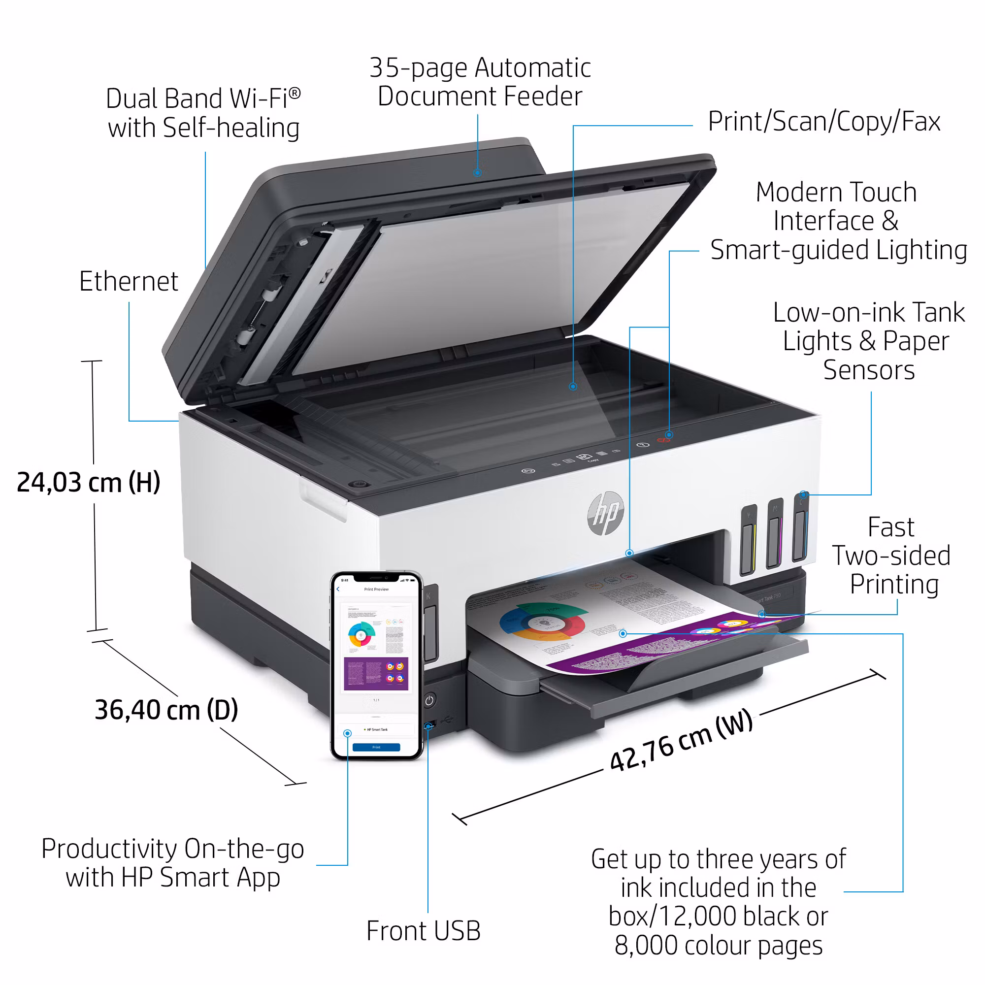 HP Smart Tank 7605 trådlös multifunktionsskrivare i färg, dubbelsidig utskrift; kopiator, skanner
