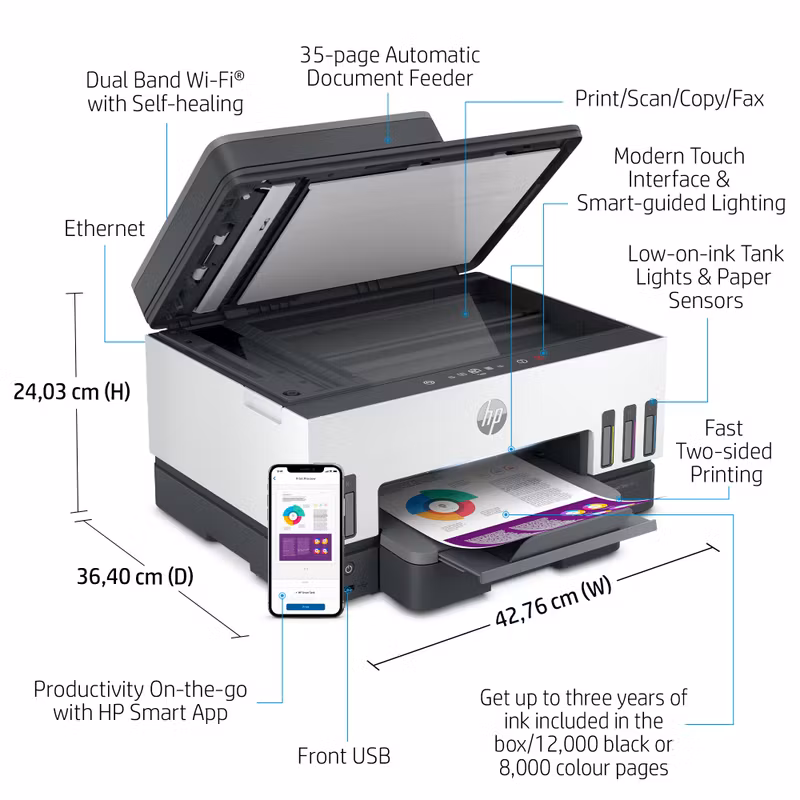 HP Smart Tank 7605 trådlös multifunktionsskrivare i färg, dubbelsidig utskrift; kopiator, skanner
