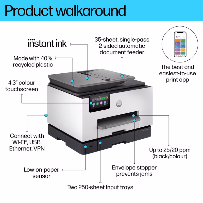 HP OfficeJet Pro 9132e trådlös multifunktionsskrivare i färg, Instant Ink; dubbelsidig utskrift