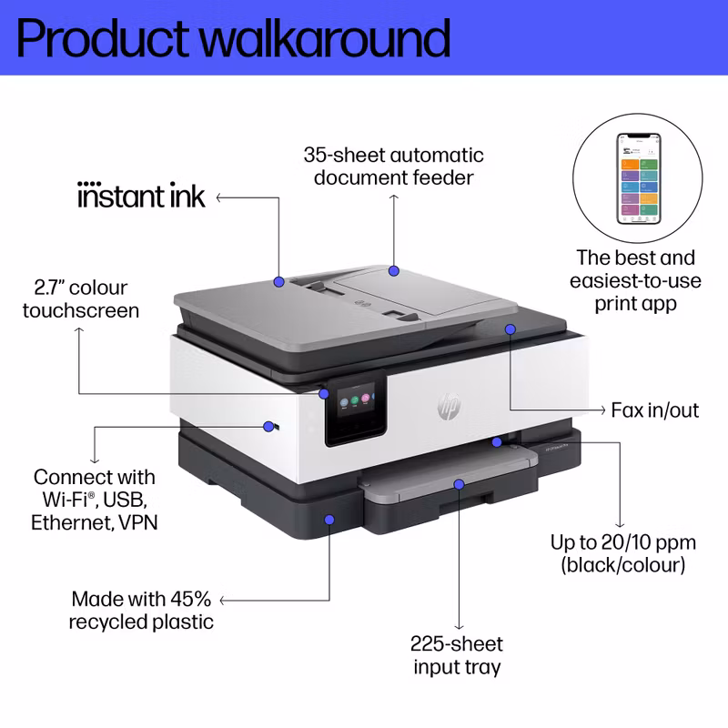 HP OfficeJet Pro 8132e trådlös multifunktionsskrivare i färg, Instant Ink, dubbelsidig utskrift