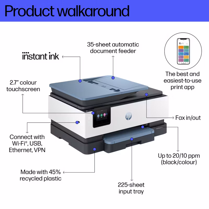 HP OfficeJet Pro 8125e trådlös multifunktionsskrivare i färg, Instant Ink, dubbelsidig utskrift