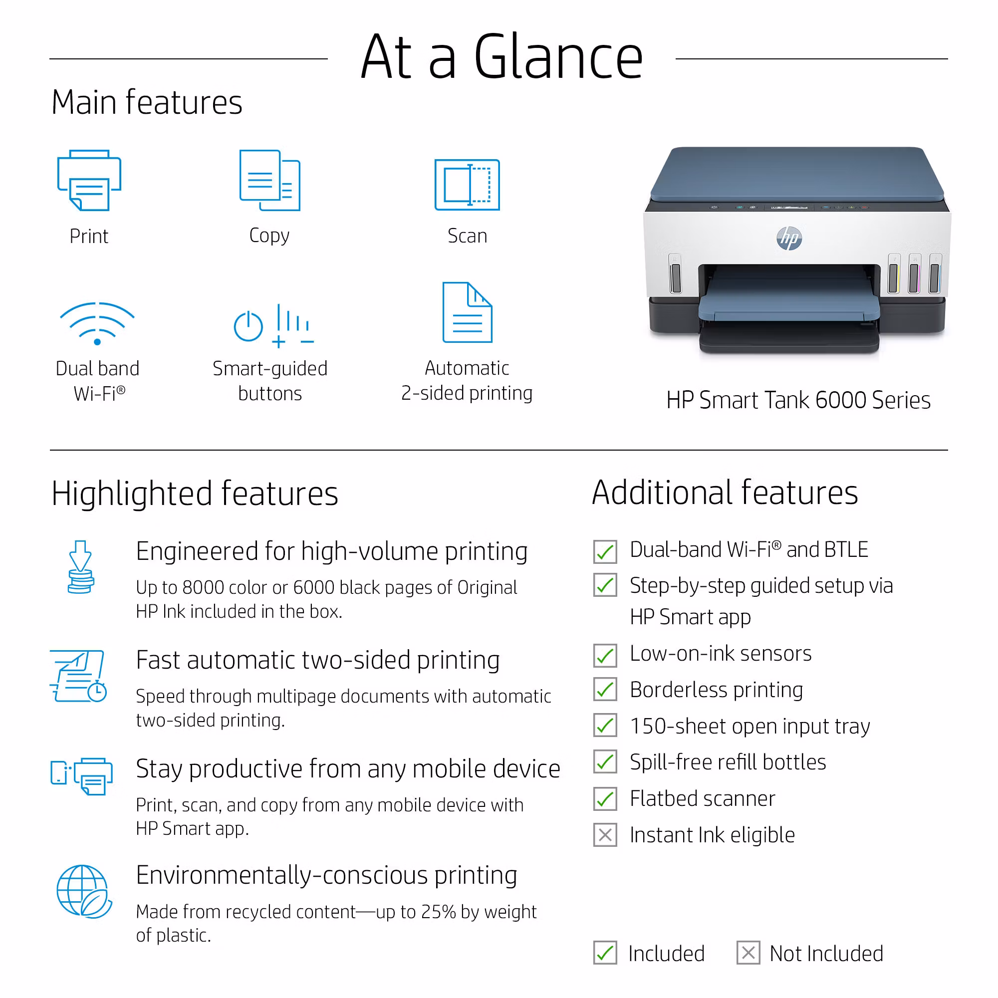 HP Smart Tank 6005 trådlös multifunktionsskrivare i färg – skrivare, kopiator, skanner