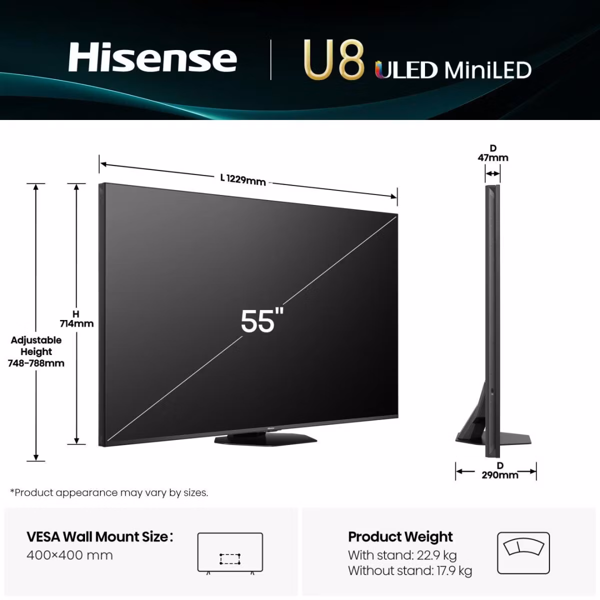 Hisense 55U8Q 139,7 cm (55") 4K Ultra HD Smart TV Wi-Fi Black 700 cd/m²