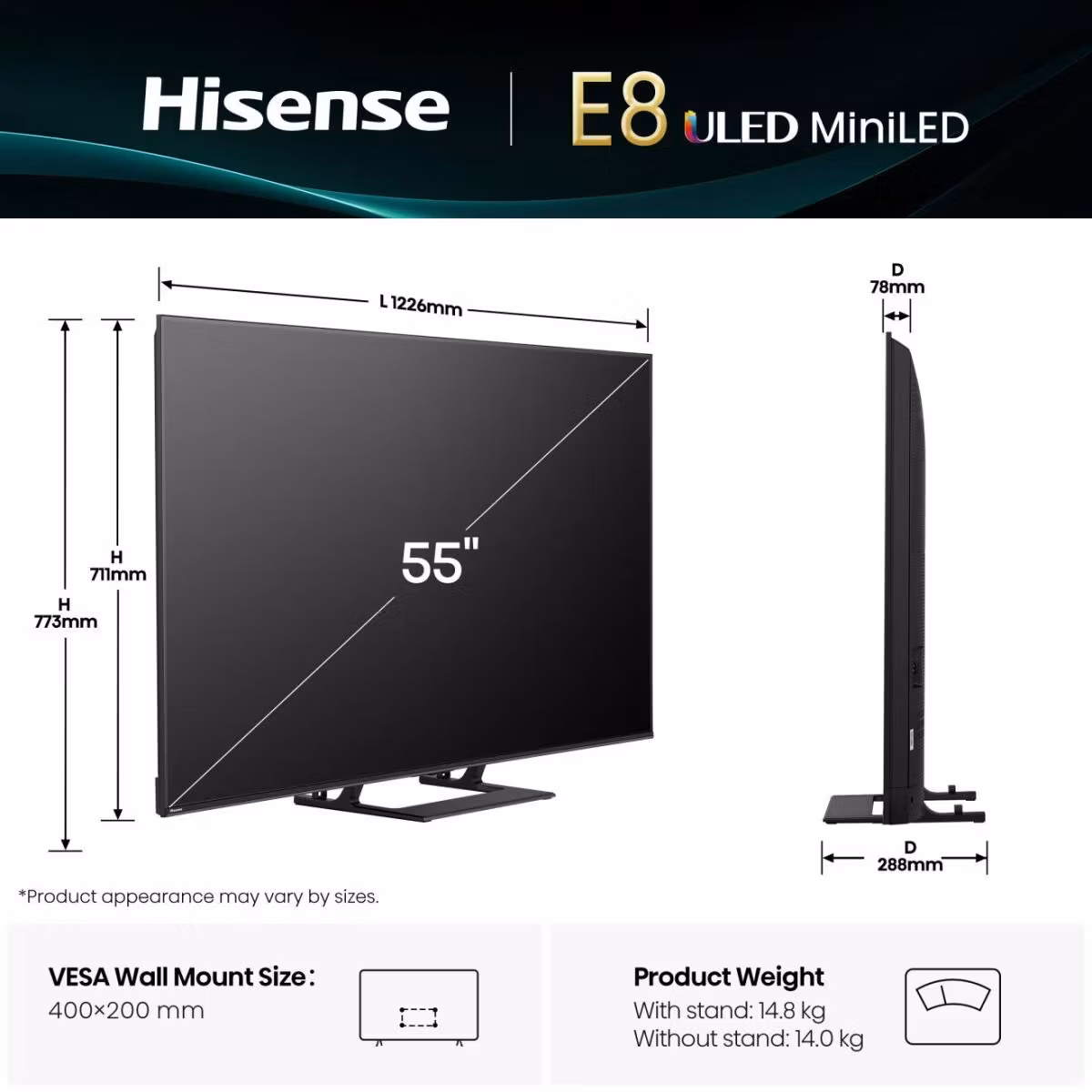 Hisense 55E8Q 139,7 cm (55") 4K Ultra HD Smart TV Wi-Fi Black, Grey 600 cd/m²