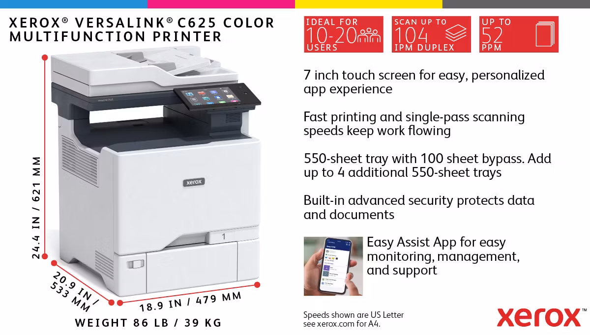 Xerox VersaLink C625 A4 50ppm duplex kopiering/utskrift/skanning/fax PS3 PCL5e/6 2 fack 650 ark