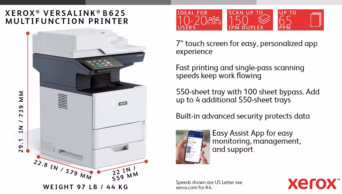 Xerox VersaLink B625 A4 61 sid/min Duplex Kopiering/Utskrift/Skanning/Fax PS3 PCL5e/6 2 fack 650 ark
