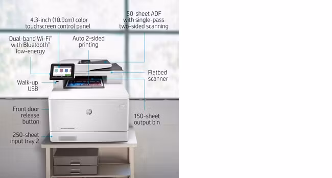 HP Color LaserJet Pro MFP M479dw, skriv ut, kopiera, skanna, e-post, dubbelsidig utskrift; skanna till e-post/PDF; 50-bladig ADF