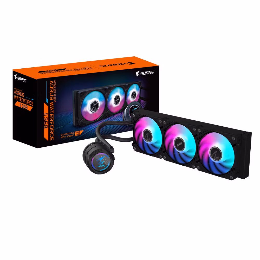 GIGABYTE AORUS WATERFORCE II 360 AIO vätskekylare för CPU – 3x120 mm ARGB-fläktar, slide-in interlocking-mekanism, DAISY-CHAIN, kompatibel med Intel LGA 1851 och AMD AM5