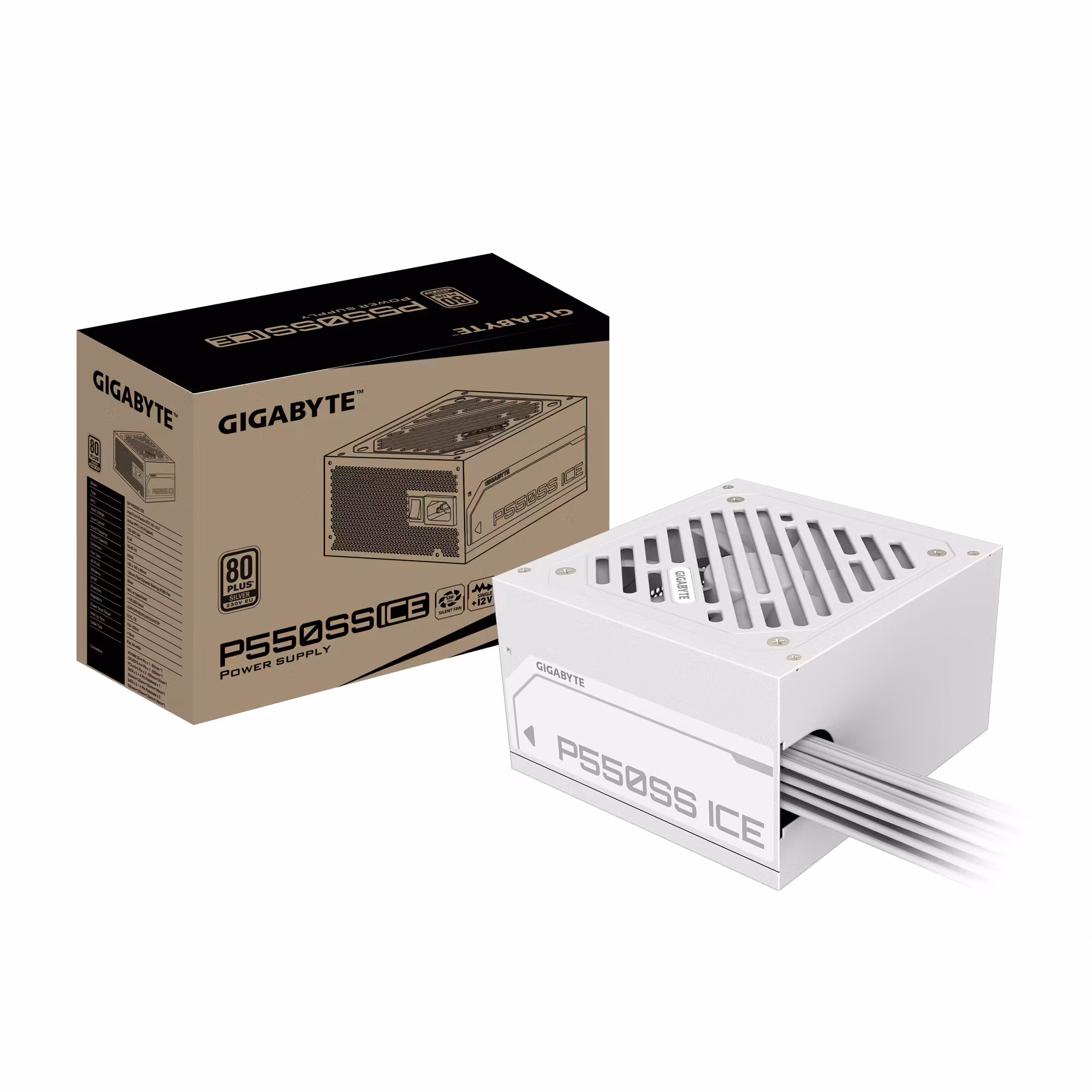 GIGABYTE P550SS ICE nätaggregat – PCIe 5.0, 80 PLUS Silver, 120 mm fläkt, ATX 3.0-kompatibelt, EU-kontakt