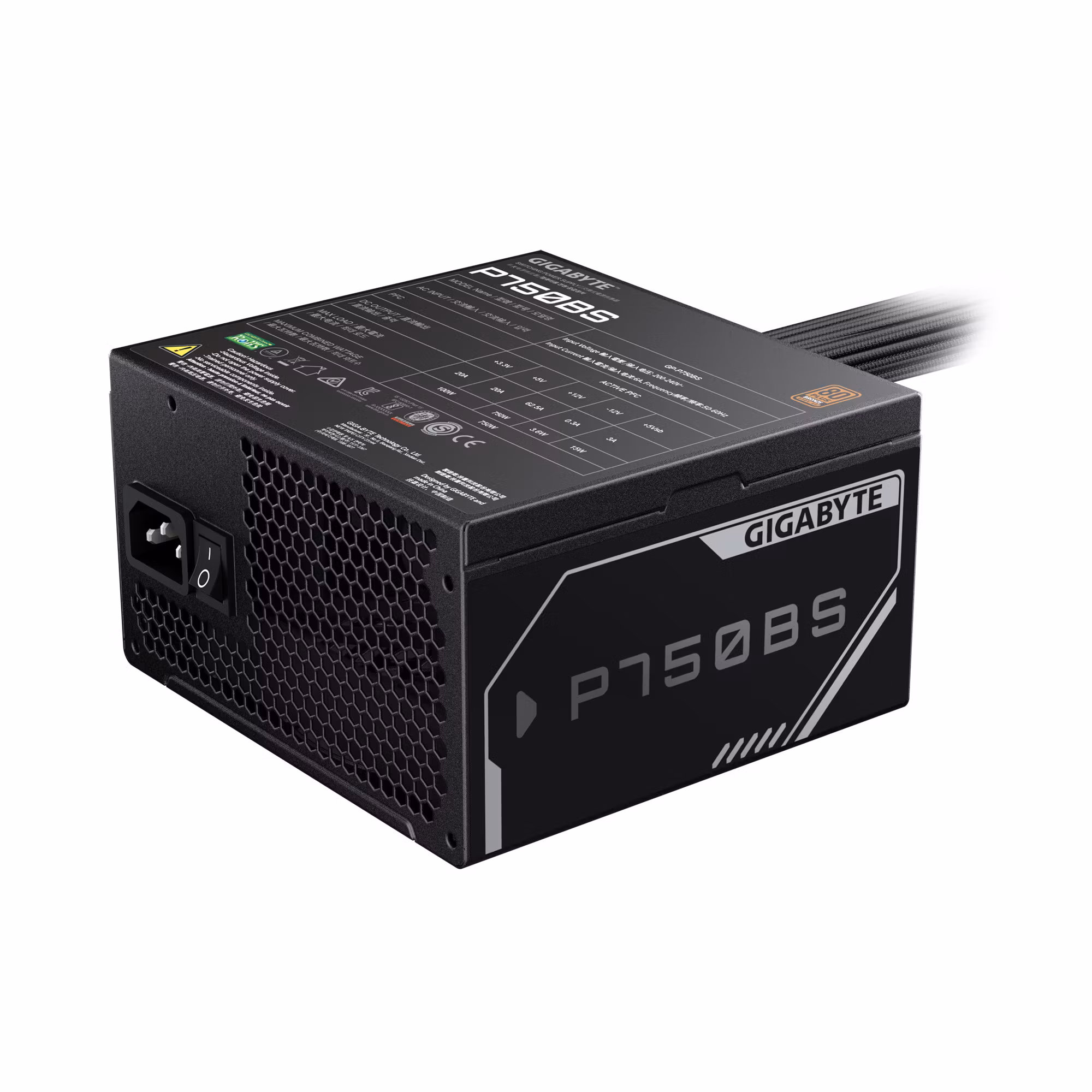 GIGABYTE P750BS nätaggregat – PCI-E 6+2 Pin x 4, 80 PLUS Bronze, 120 mm fläkt, ATX-kompatibelt, EU-kontakt