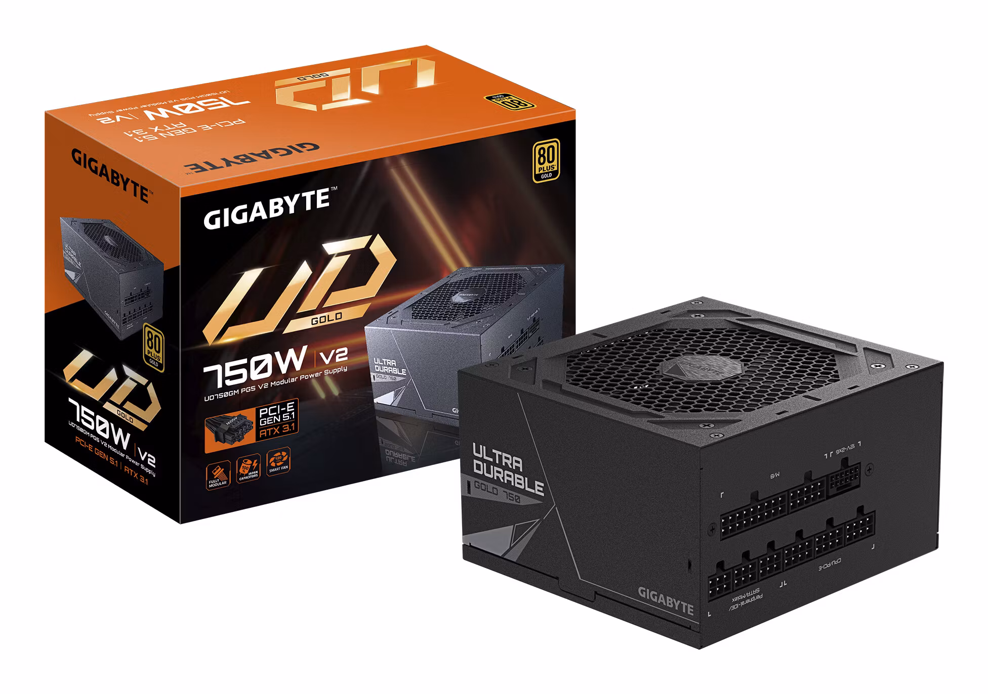 GIGABYTE UD750GM PG5 V2 nätaggregat – PCIe Gen 5.1, 80 PLUS Gold, fullt modulärt, 120 mm fläkt, ATX 3.1-kompatibel, EU-kontakt