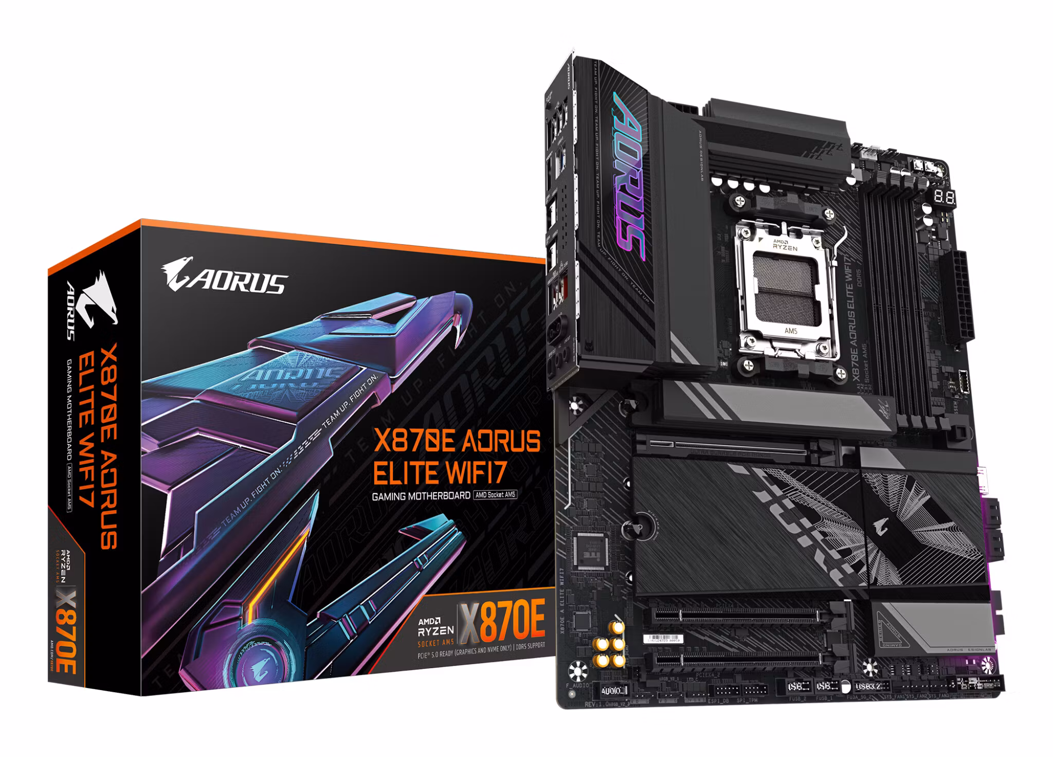 GIGABYTE X870E AORUS ELITE WIFI7 moderkort – stöd för AMD Ryzen 9000-processorer, 16+2+2-fasers digital VRM, upp till 8000Hz DDR5 (OC), 3xPCIe 5.0 + 1xPCIe 4.0, Wi‑Fi 7, 2.5GbE LAN, USB 4