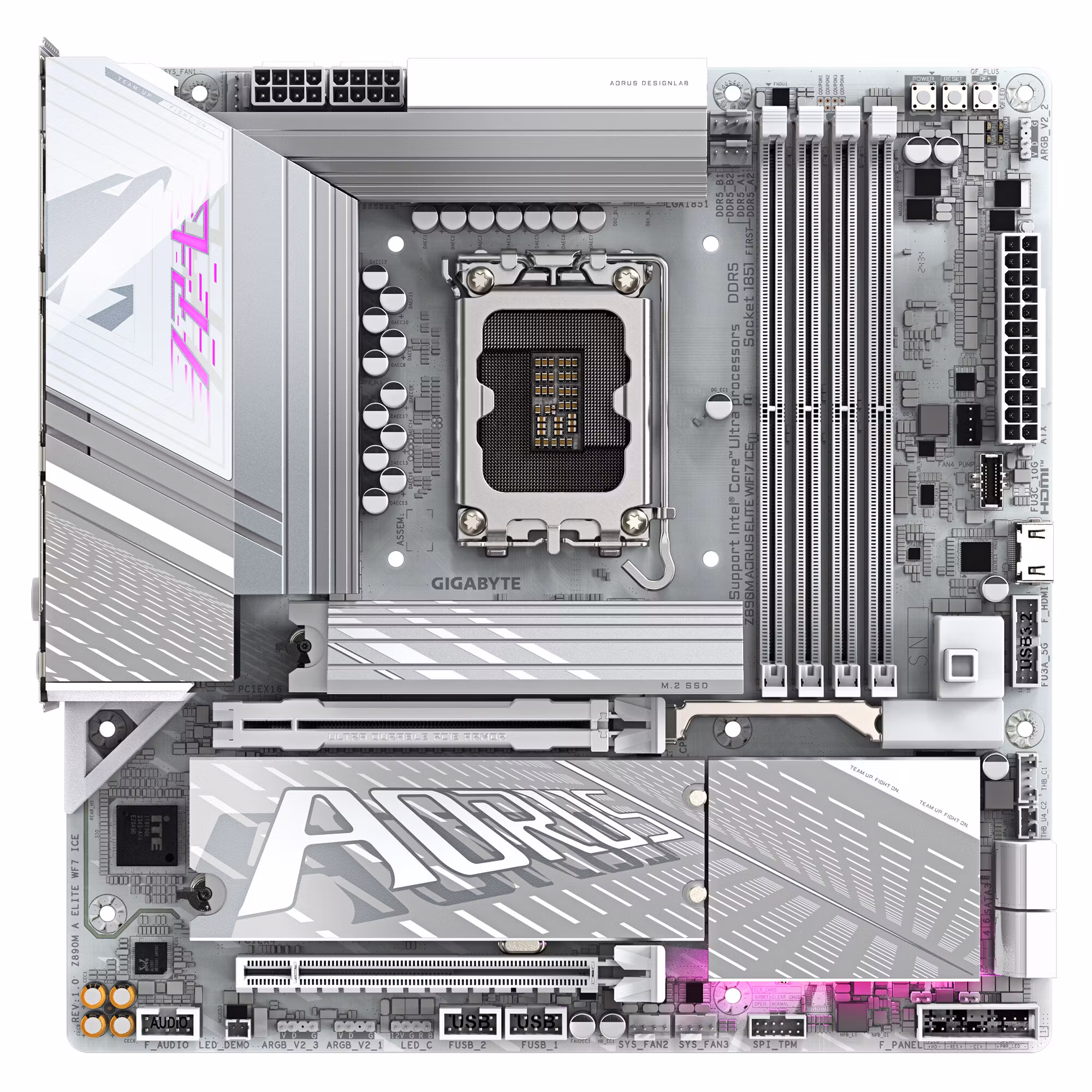 GIGABYTE Z890M AORUS ELITE WIFI7 ICE Moderkort – Stöd för Intel Core Ultra (Series 2) CPU:er, 12+1+2-fas VRM, upp till 8800 MHz DDR5 (OC), 1xPCIe 5.0 + 2xPCIe 4.0, Wi‑Fi 7, 2.5 GbE LAN, USB 4