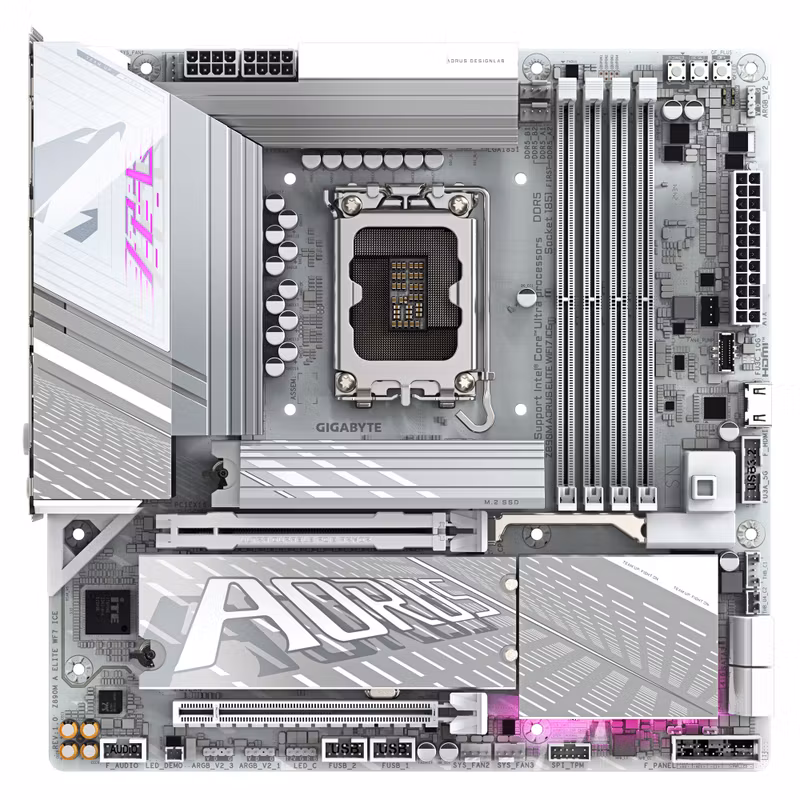 GIGABYTE Z890M AORUS ELITE WIFI7 ICE Moderkort – Stöd för Intel Core Ultra (Series 2) CPU:er, 12+1+2-fas VRM, upp till 8800 MHz DDR5 (OC), 1xPCIe 5.0 + 2xPCIe 4.0, Wi‑Fi 7, 2.5 GbE LAN, USB 4