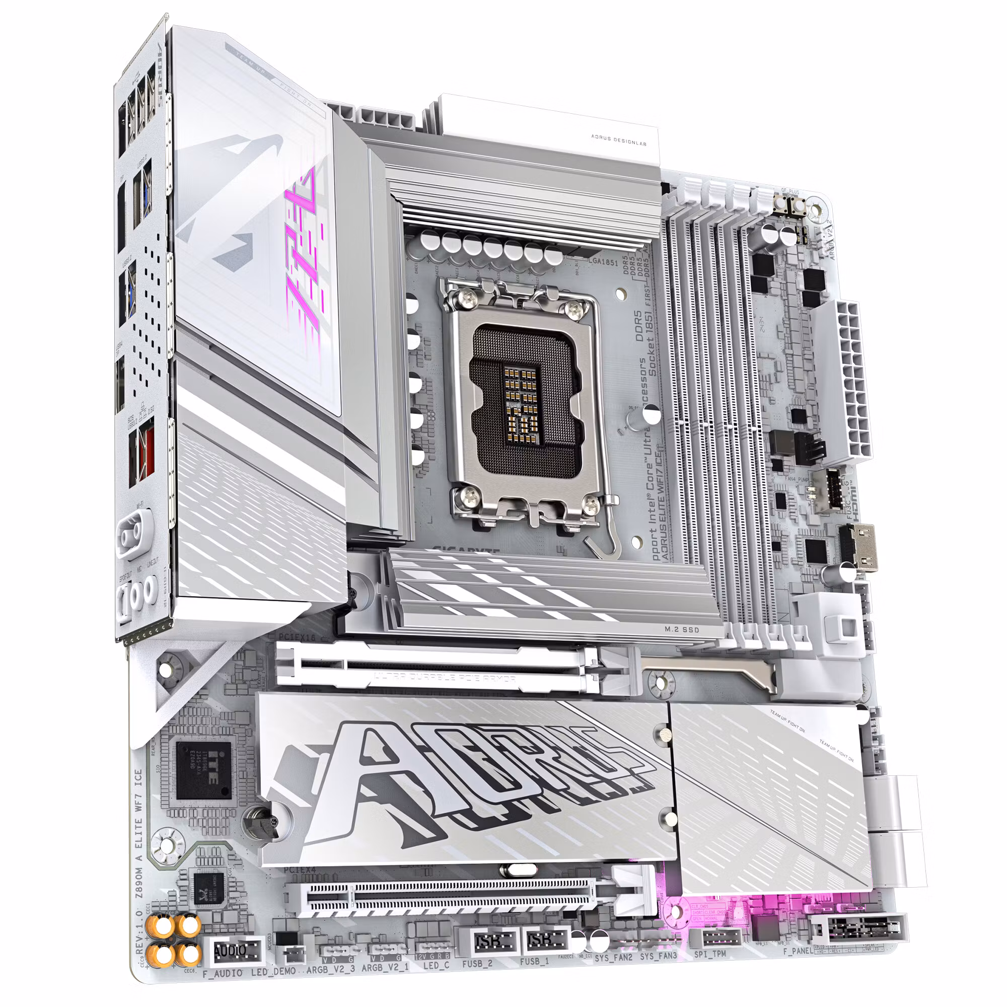 GIGABYTE Z890M AORUS ELITE WIFI7 ICE Moderkort – Stöd för Intel Core Ultra (Series 2) CPU:er, 12+1+2-fas VRM, upp till 8800 MHz DDR5 (OC), 1xPCIe 5.0 + 2xPCIe 4.0, Wi‑Fi 7, 2.5 GbE LAN, USB 4
