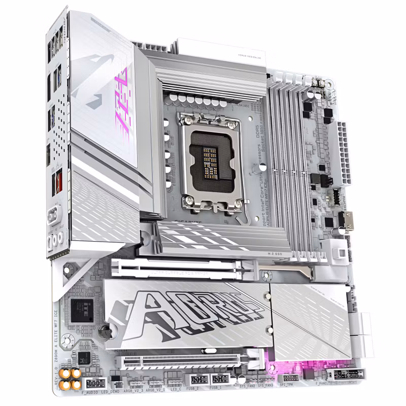 GIGABYTE Z890M AORUS ELITE WIFI7 ICE Moderkort – Stöd för Intel Core Ultra (Series 2) CPU:er, 12+1+2-fas VRM, upp till 8800 MHz DDR5 (OC), 1xPCIe 5.0 + 2xPCIe 4.0, Wi‑Fi 7, 2.5 GbE LAN, USB 4