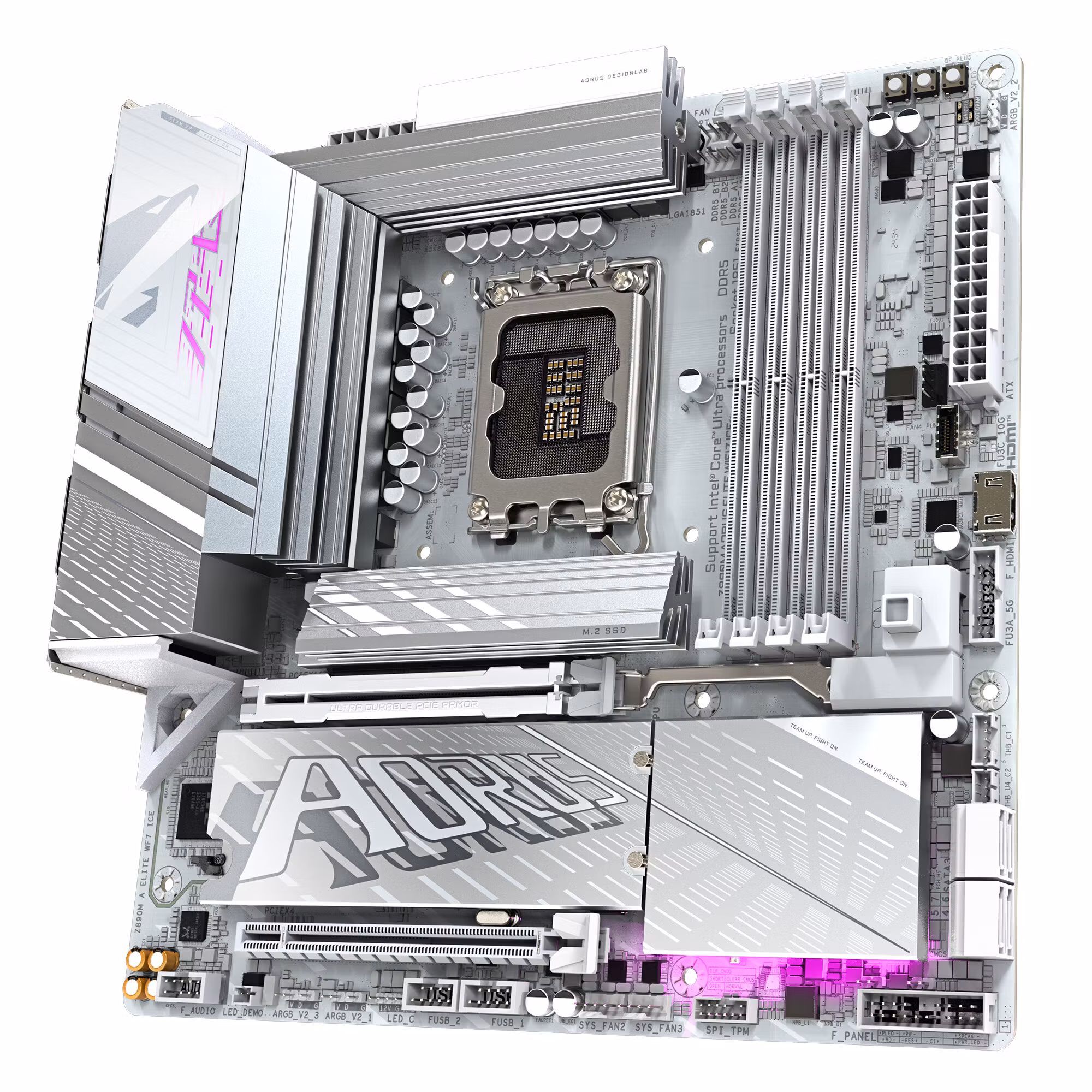 GIGABYTE Z890M AORUS ELITE WIFI7 ICE Moderkort – Stöd för Intel Core Ultra (Series 2) CPU:er, 12+1+2-fas VRM, upp till 8800 MHz DDR5 (OC), 1xPCIe 5.0 + 2xPCIe 4.0, Wi‑Fi 7, 2.5 GbE LAN, USB 4