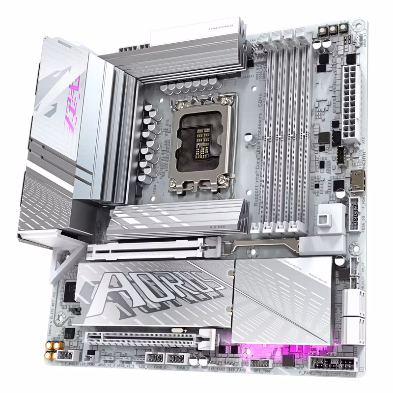 GIGABYTE Z890M AORUS ELITE WIFI7 ICE Moderkort – Stöd för Intel Core Ultra (Series 2) CPU:er, 12+1+2-fas VRM, upp till 8800 MHz DDR5 (OC), 1xPCIe 5.0 + 2xPCIe 4.0, Wi‑Fi 7, 2.5 GbE LAN, USB 4