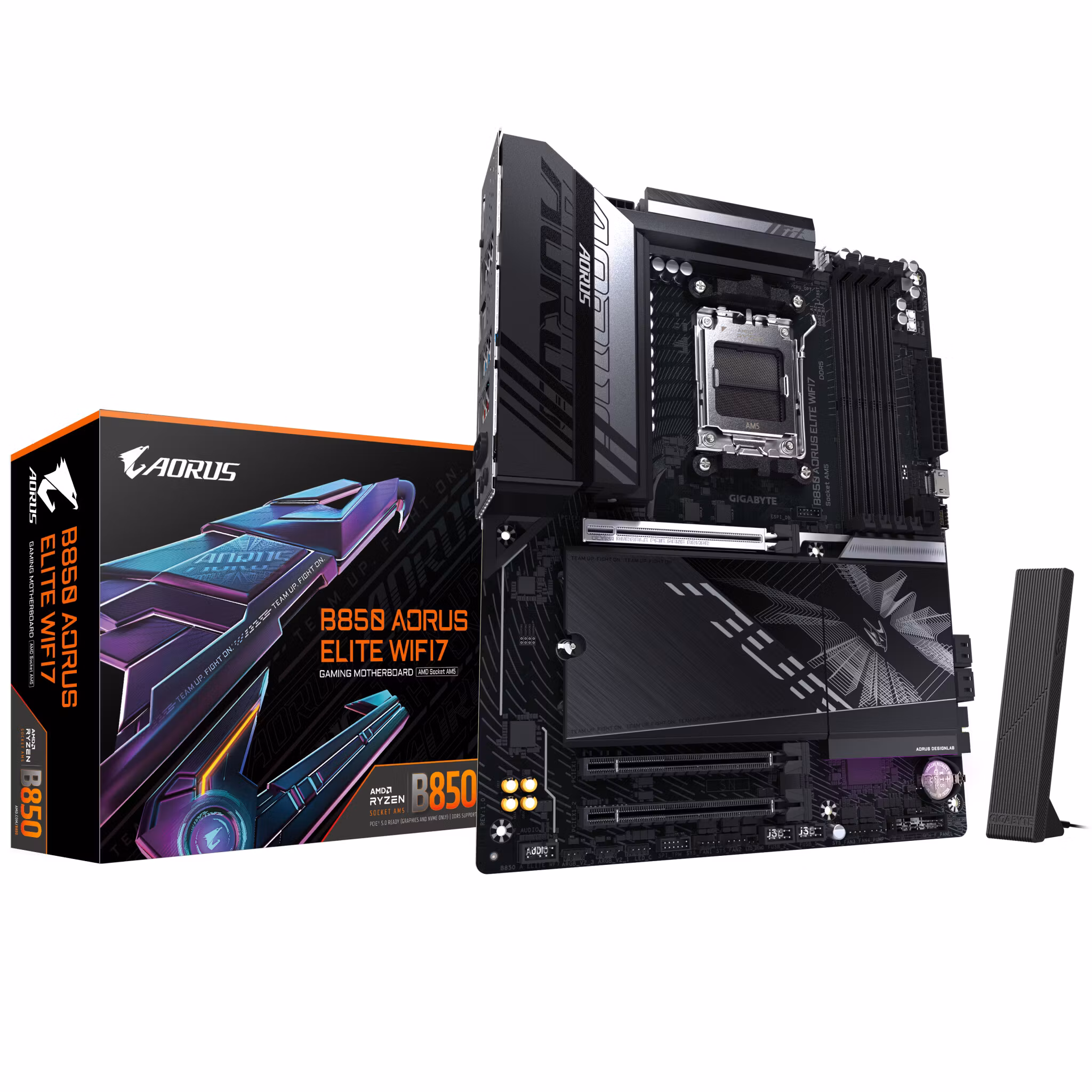 GIGABYTE B850 AORUS ELITE WIFI7 moderkort – AMD Ryzen 9000-seriens CPU:er, 14+2+2-fas digital VRM, upp till 8200 MHz DDR5 (OC), 1x PCIe 5.0 + 2x PCIe 4.0 M.2, 2.5 LAN, WIFI 7, USB 3.2 Gen 2x2