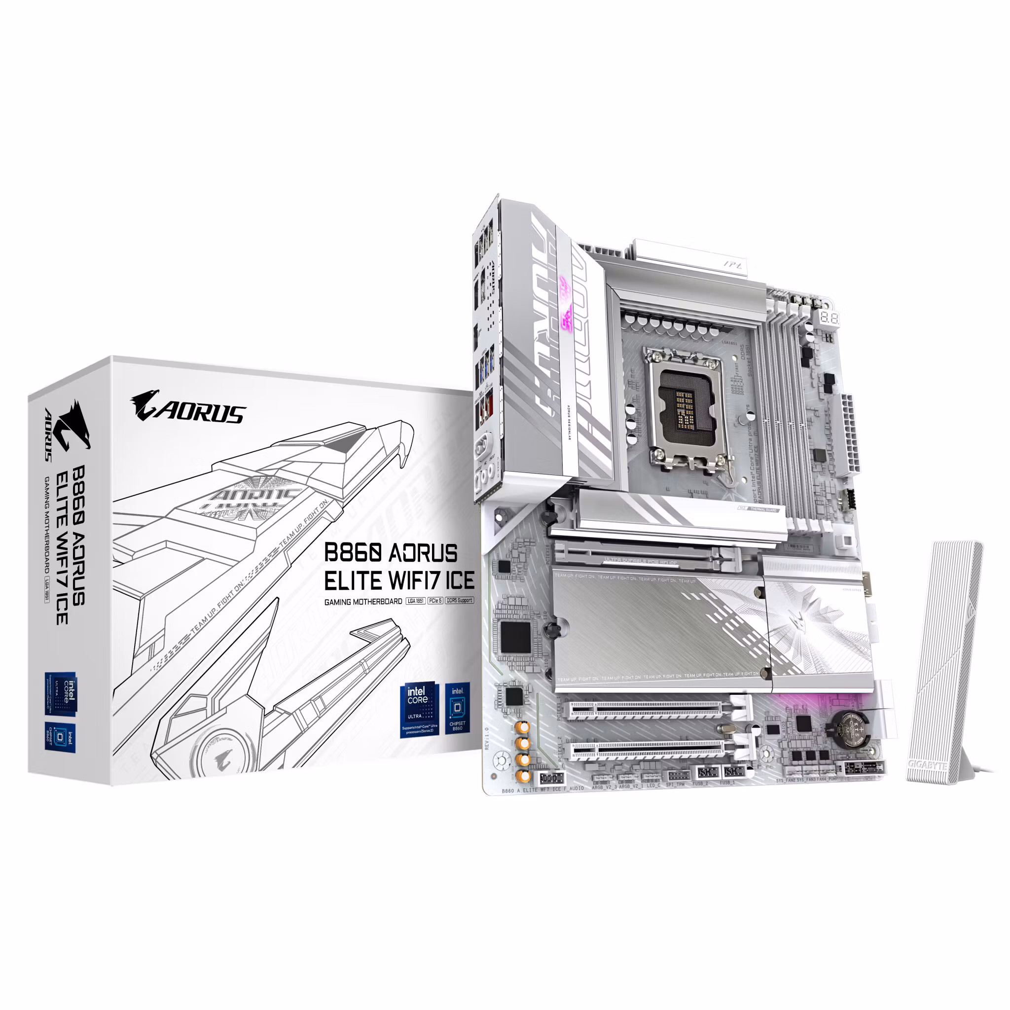 GIGABYTE B860 AORUS ELITE WIFI7 ICE moderkort – Intel Core Ultra Series CPUs, 14+1+2+1 Phases VRM, upp till 9200MHz DDR5, 1xPCIe 5.0 + 2xPCIe 4.0 M.2, 2.5GbE LAN, WIFI 7, USB 4