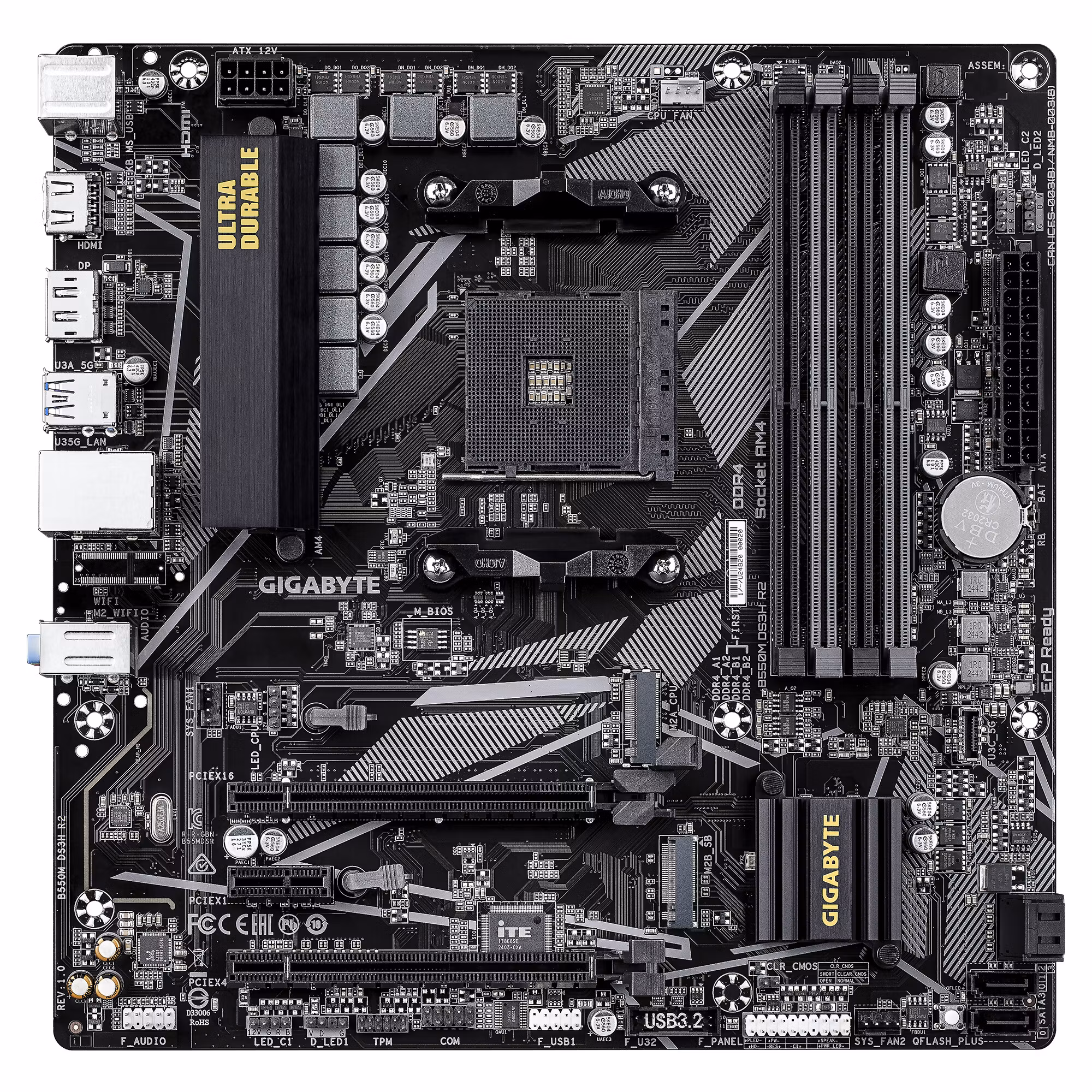 GIGABYTE B550M DS3H R2 moderkort – AMD Ryzen 5000 CPU:er, 5+3-fas VRM, upp till 4733 MHz DDR4 (O.C.), 1×PCIe 4.0 + 1×PCIe 3.0 M.2, 1 GbE LAN, USB 3.2 Gen 1