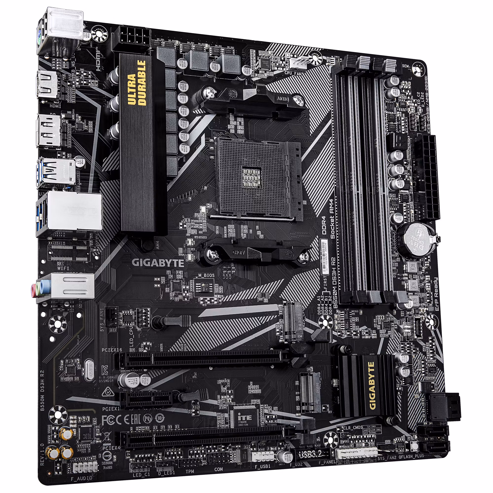 GIGABYTE B550M DS3H R2 moderkort – AMD Ryzen 5000 CPU:er, 5+3-fas VRM, upp till 4733 MHz DDR4 (O.C.), 1×PCIe 4.0 + 1×PCIe 3.0 M.2, 1 GbE LAN, USB 3.2 Gen 1